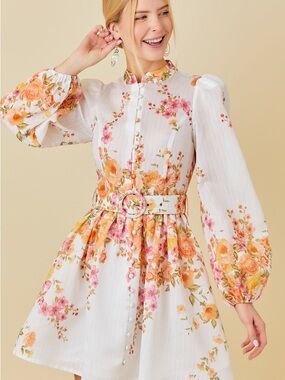 Main Strip White Mini Dress with Orange & Pink Floral Print